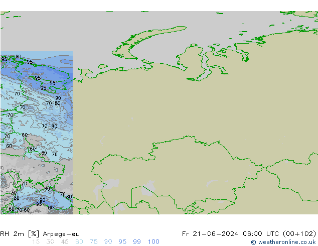 Humidité rel. 2m Arpege-eu ven 21.06.2024 06 UTC
