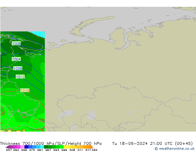 Thck 700-1000 гПа Arpege-eu вт 18.06.2024 21 UTC