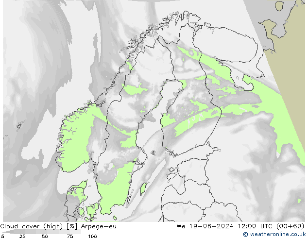 Cloud cover (high) Arpege-eu We 19.06.2024 12 UTC