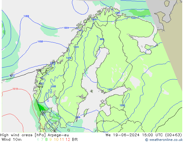 High wind areas Arpege-eu We 19.06.2024 15 UTC