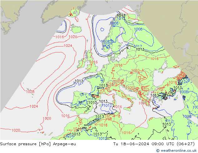 Surface pressure Arpege-eu Tu 18.06.2024 09 UTC