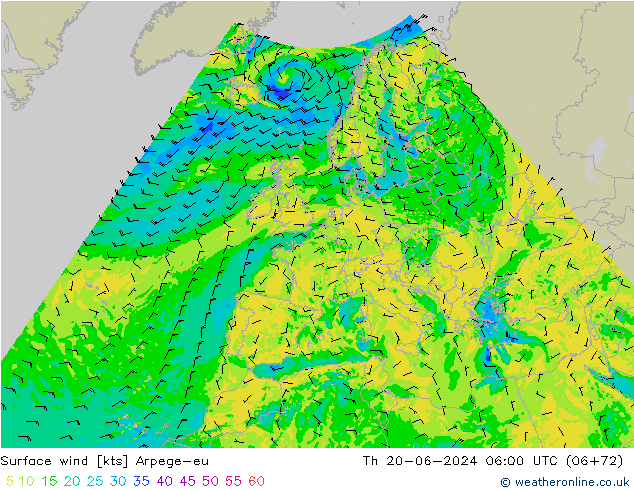 Surface wind Arpege-eu Čt 20.06.2024 06 UTC