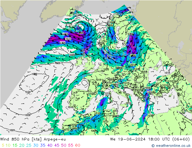 wiatr 850 hPa Arpege-eu śro. 19.06.2024 18 UTC