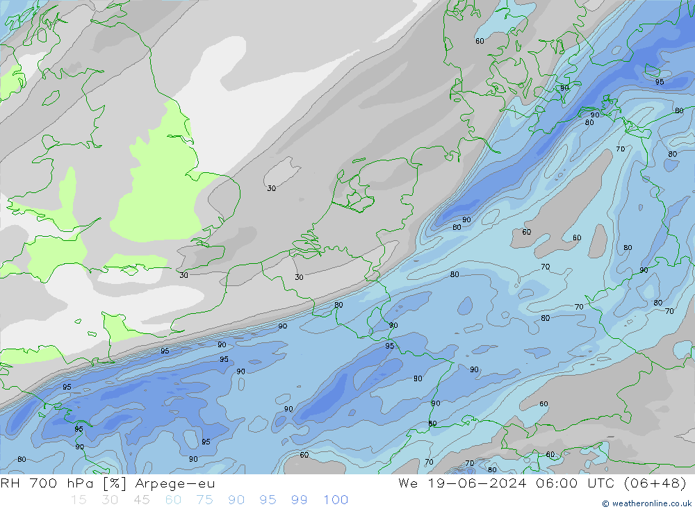 RH 700 hPa Arpege-eu  19.06.2024 06 UTC