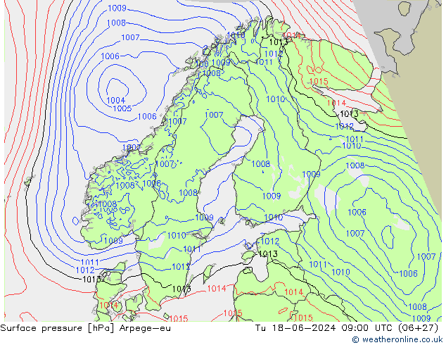 Surface pressure Arpege-eu Tu 18.06.2024 09 UTC