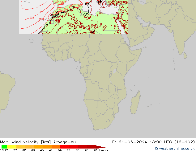 Max. wind velocity Arpege-eu Pá 21.06.2024 18 UTC