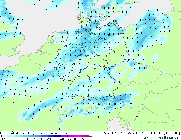 Precipitation (6h) Arpege-eu Mo 17.06.2024 18 UTC