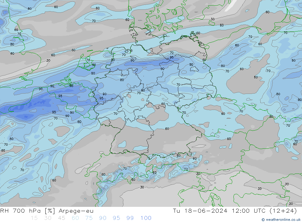 RH 700 hPa Arpege-eu Di 18.06.2024 12 UTC