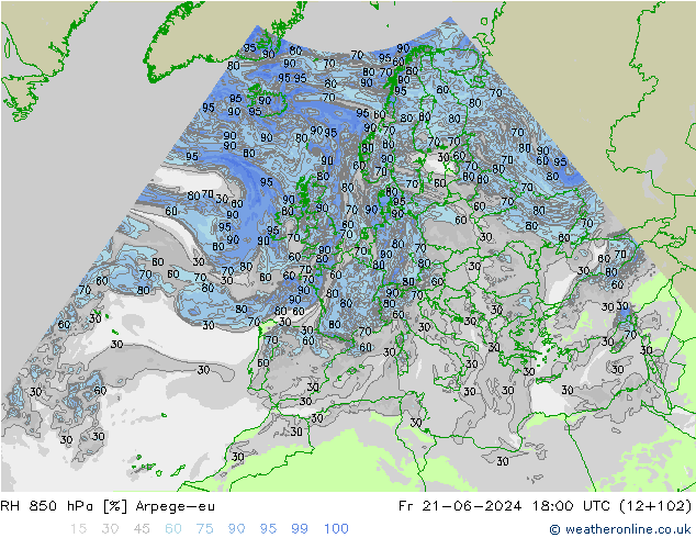 RH 850 hPa Arpege-eu Fr 21.06.2024 18 UTC