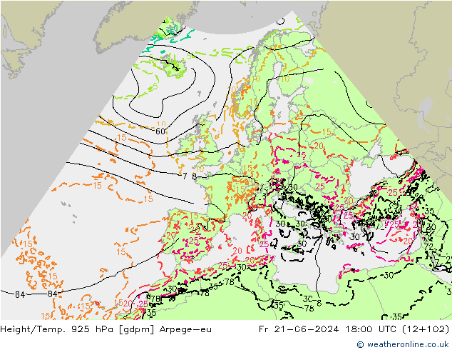 Yükseklik/Sıc. 925 hPa Arpege-eu Cu 21.06.2024 18 UTC