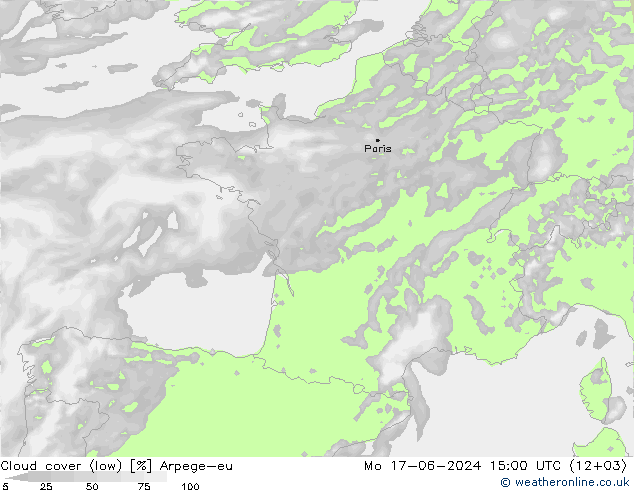 Cloud cover (low) Arpege-eu Mo 17.06.2024 15 UTC