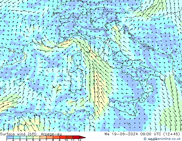 Surface wind (bft) Arpege-eu St 19.06.2024 09 UTC