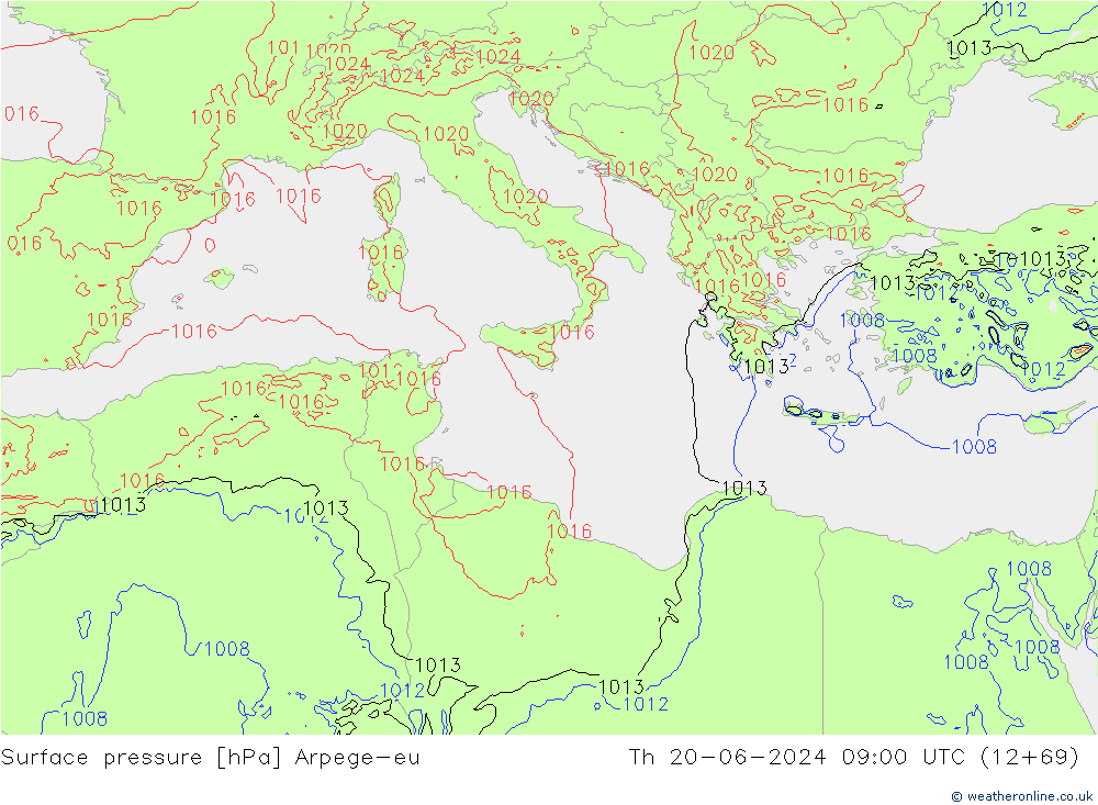 Atmosférický tlak Arpege-eu Čt 20.06.2024 09 UTC