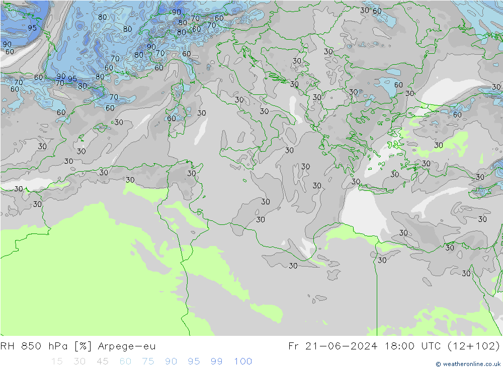 RH 850 hPa Arpege-eu Sex 21.06.2024 18 UTC