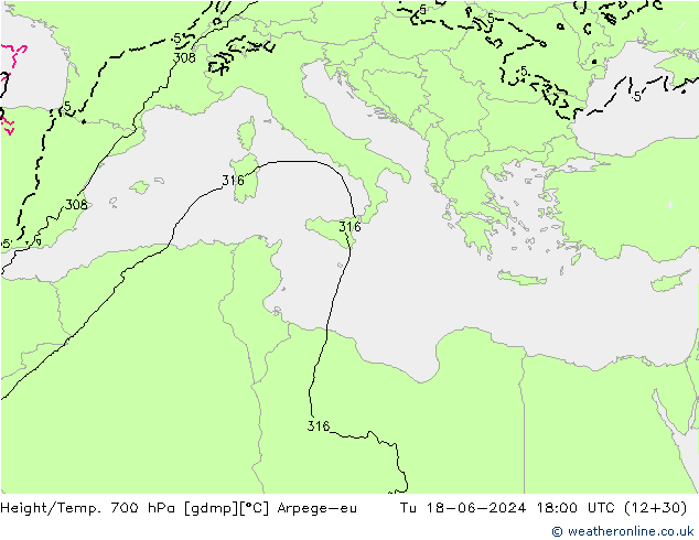Hoogte/Temp. 700 hPa Arpege-eu di 18.06.2024 18 UTC