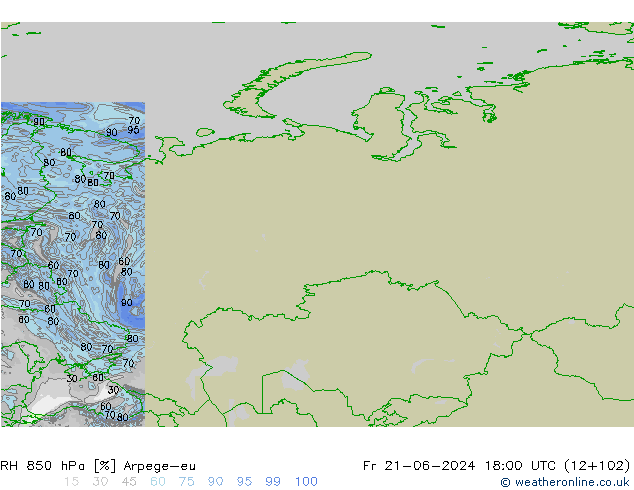 Humedad rel. 850hPa Arpege-eu vie 21.06.2024 18 UTC