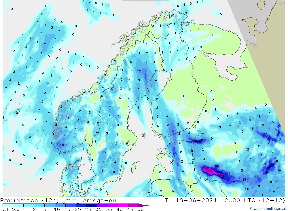 Precipitation (12h) Arpege-eu Tu 18.06.2024 00 UTC