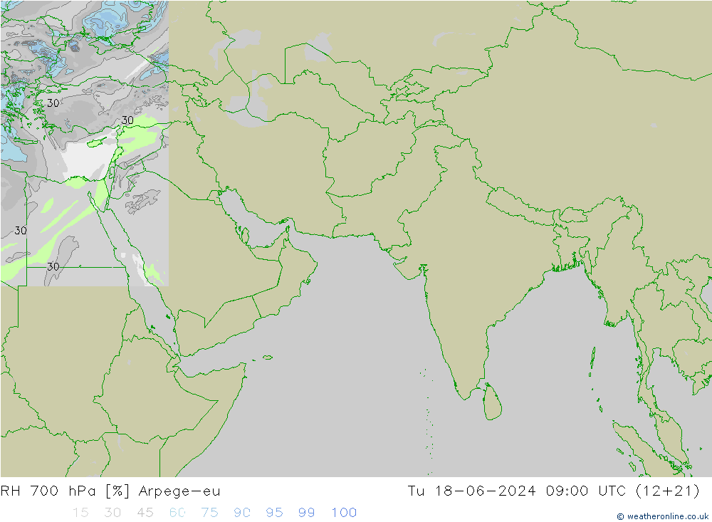Humidité rel. 700 hPa Arpege-eu mar 18.06.2024 09 UTC
