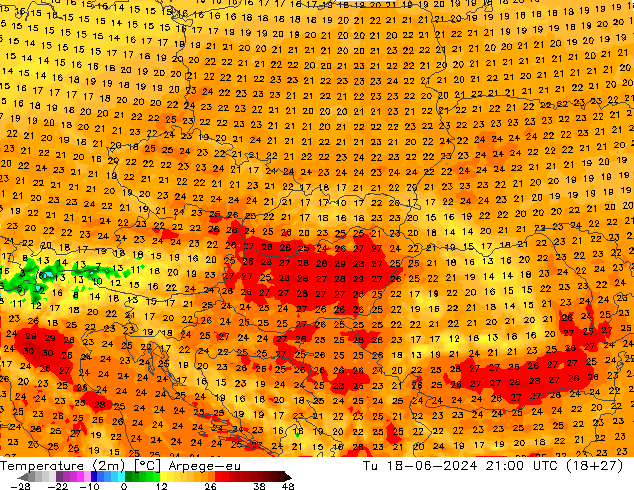Temperature (2m) Arpege-eu Tu 18.06.2024 21 UTC