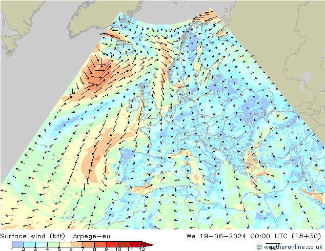 Surface wind (bft) Arpege-eu We 19.06.2024 00 UTC