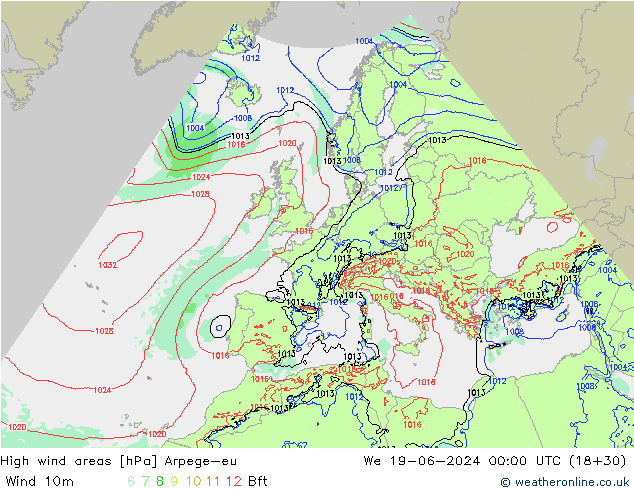 yüksek rüzgarlı alanlar Arpege-eu Çar 19.06.2024 00 UTC