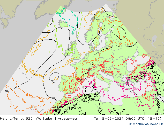 Height/Temp. 925 гПа Arpege-eu вт 18.06.2024 06 UTC