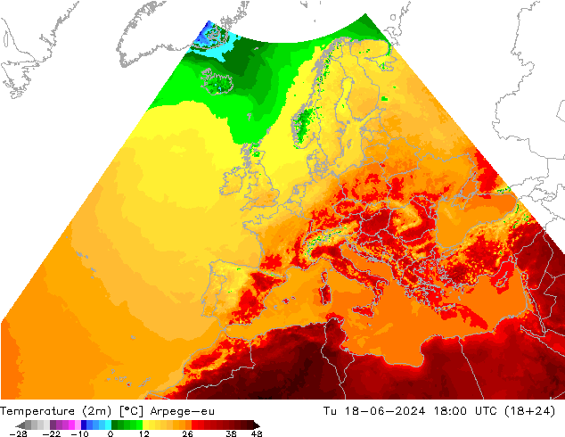 Temperature (2m) Arpege-eu Tu 18.06.2024 18 UTC