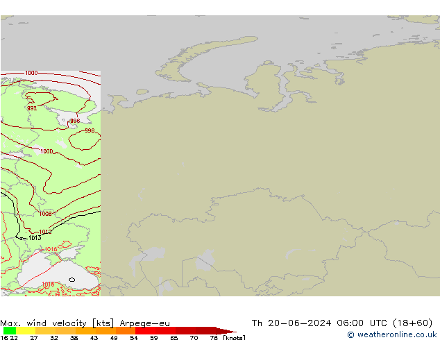 Max. wind velocity Arpege-eu Th 20.06.2024 06 UTC