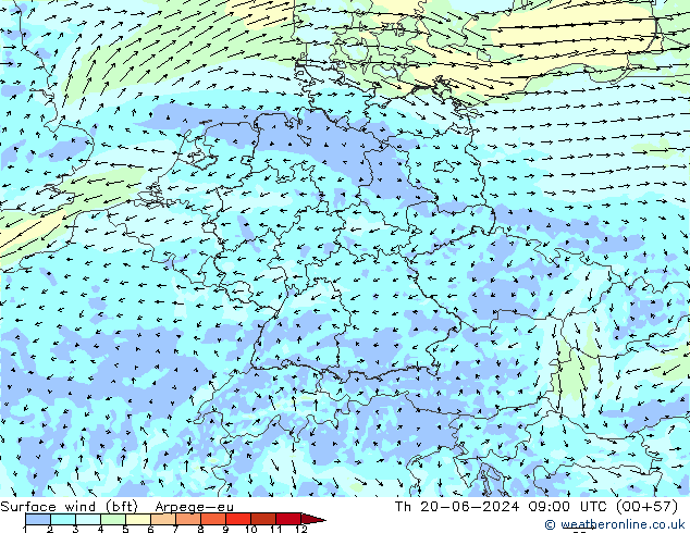 Surface wind (bft) Arpege-eu Th 20.06.2024 09 UTC