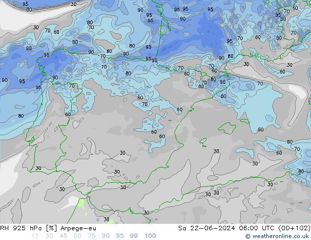 RH 925 hPa Arpege-eu Sáb 22.06.2024 06 UTC