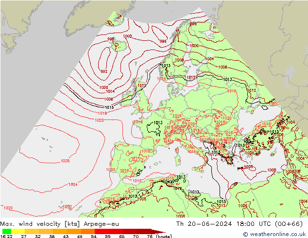 Max. wind velocity Arpege-eu Čt 20.06.2024 18 UTC