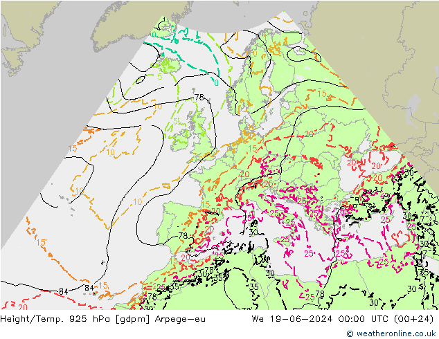 Height/Temp. 925 hPa Arpege-eu śro. 19.06.2024 00 UTC