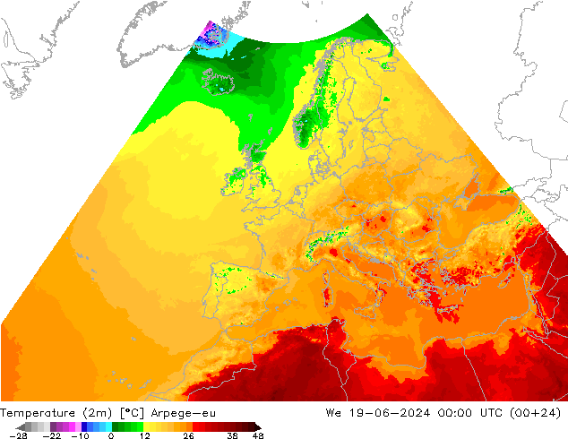 Temperature (2m) Arpege-eu St 19.06.2024 00 UTC