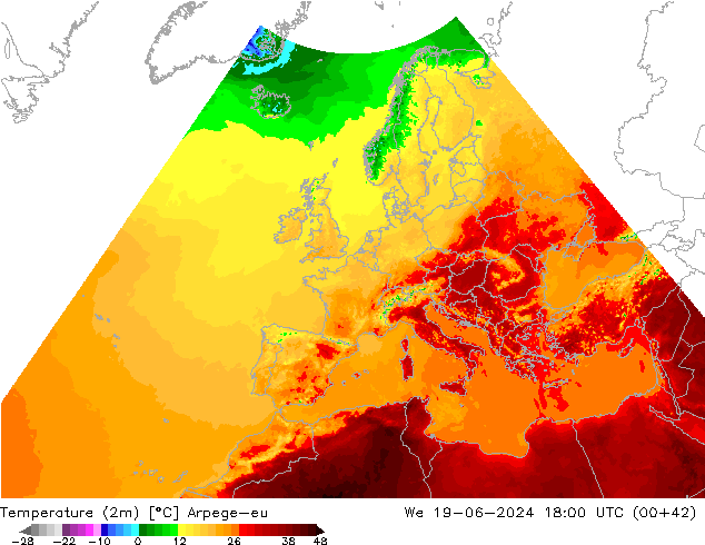 Temperature (2m) Arpege-eu We 19.06.2024 18 UTC