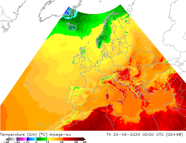 Temperatura (2m) Arpege-eu Qui 20.06.2024 00 UTC