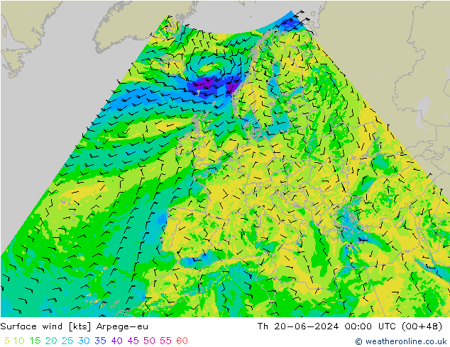 Vento 10 m Arpege-eu gio 20.06.2024 00 UTC
