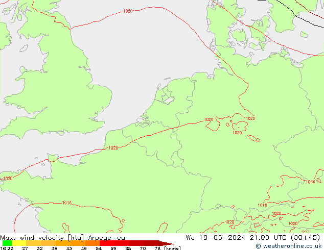 Max. wind velocity Arpege-eu  19.06.2024 21 UTC