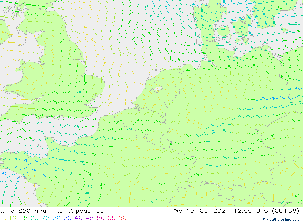 wiatr 850 hPa Arpege-eu śro. 19.06.2024 12 UTC
