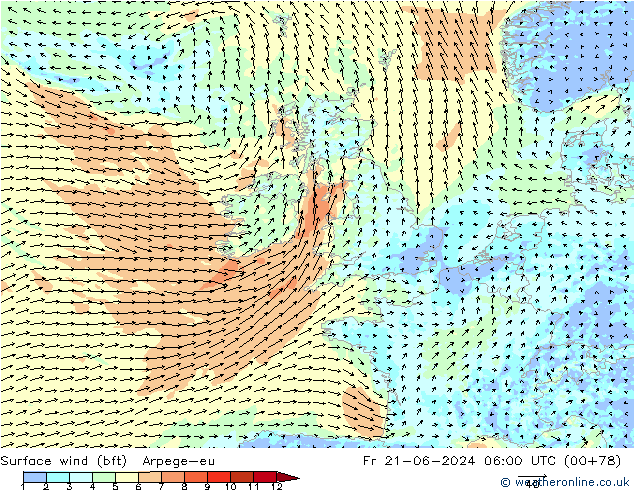 Surface wind (bft) Arpege-eu Fr 21.06.2024 06 UTC