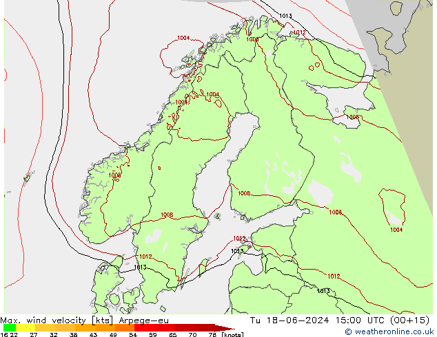 Max. wind velocity Arpege-eu Tu 18.06.2024 15 UTC