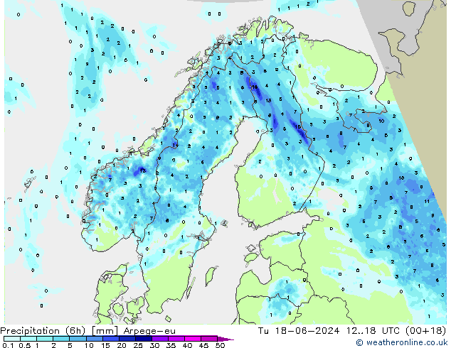 Precipitazione (6h) Arpege-eu mar 18.06.2024 18 UTC