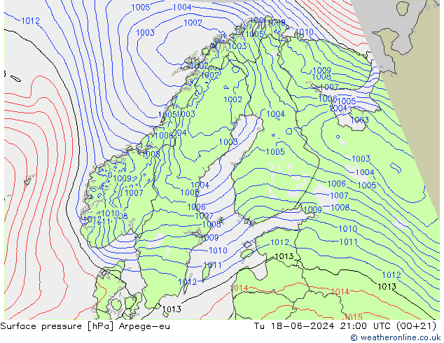 Atmosférický tlak Arpege-eu Út 18.06.2024 21 UTC