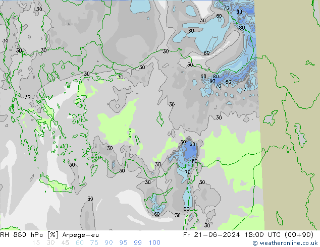 Humidité rel. 850 hPa Arpege-eu ven 21.06.2024 18 UTC