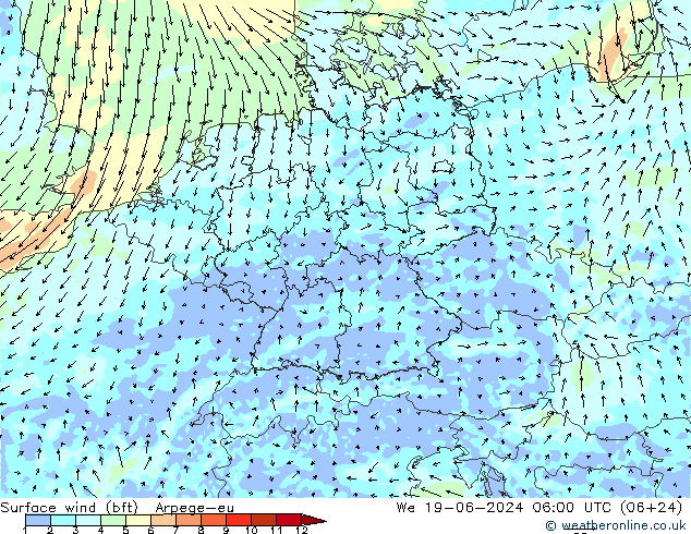 Surface wind (bft) Arpege-eu We 19.06.2024 06 UTC