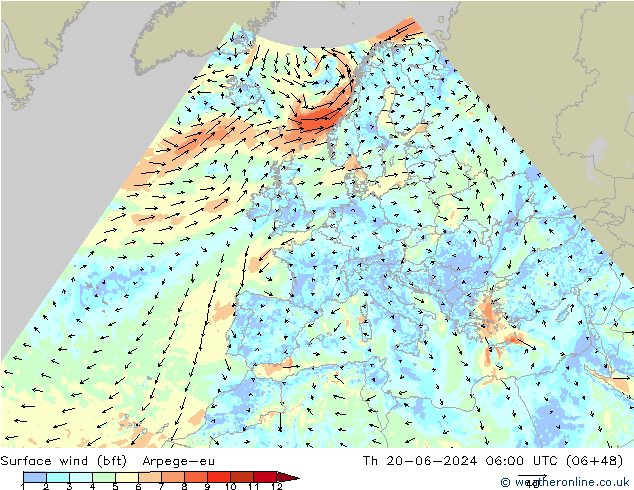 Surface wind (bft) Arpege-eu Th 20.06.2024 06 UTC