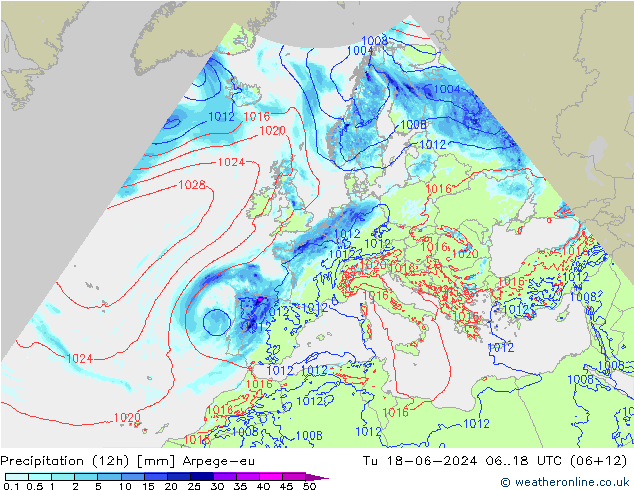 Precipitation (12h) Arpege-eu Út 18.06.2024 18 UTC