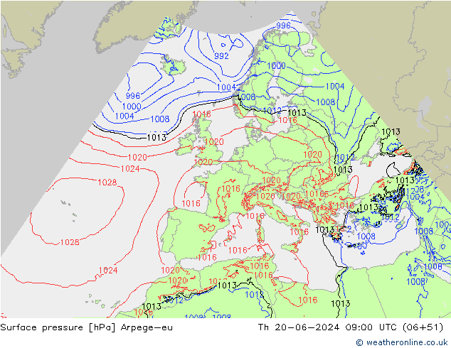 приземное давление Arpege-eu чт 20.06.2024 09 UTC