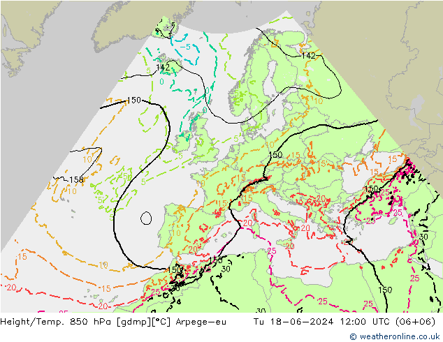 Height/Temp. 850 hPa Arpege-eu 星期二 18.06.2024 12 UTC