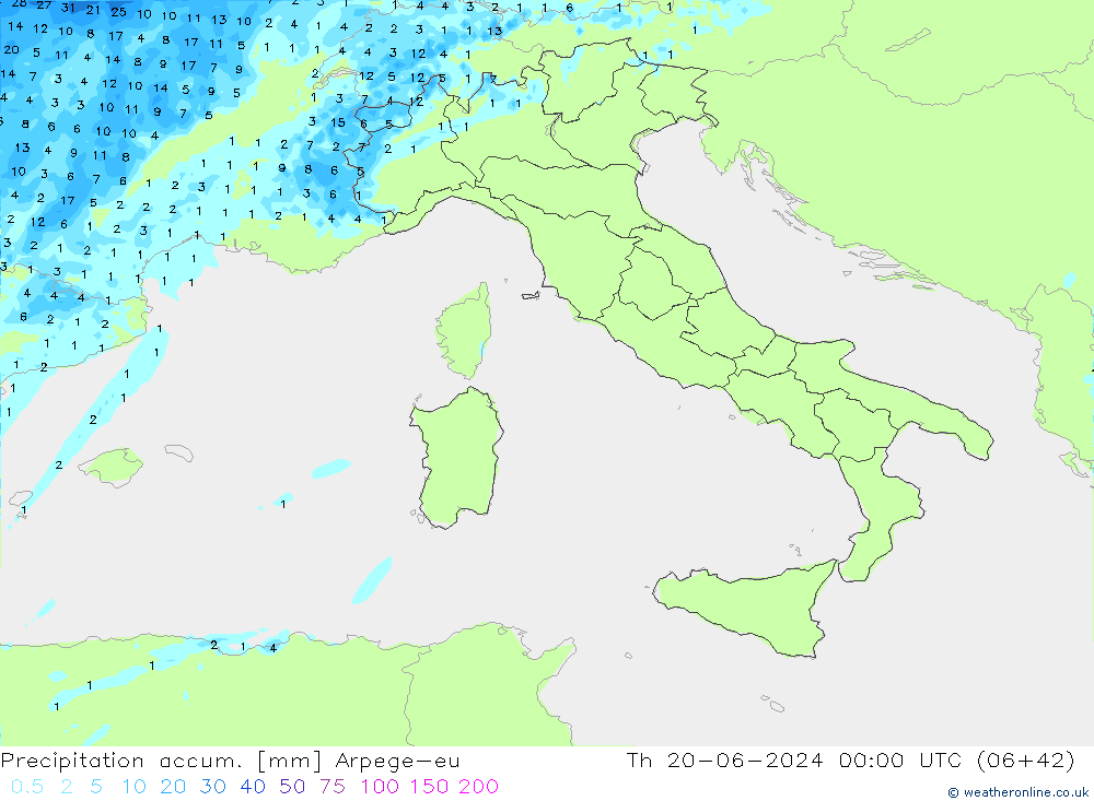 Totale neerslag Arpege-eu do 20.06.2024 00 UTC