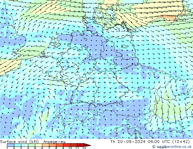 Surface wind (bft) Arpege-eu Th 20.06.2024 06 UTC